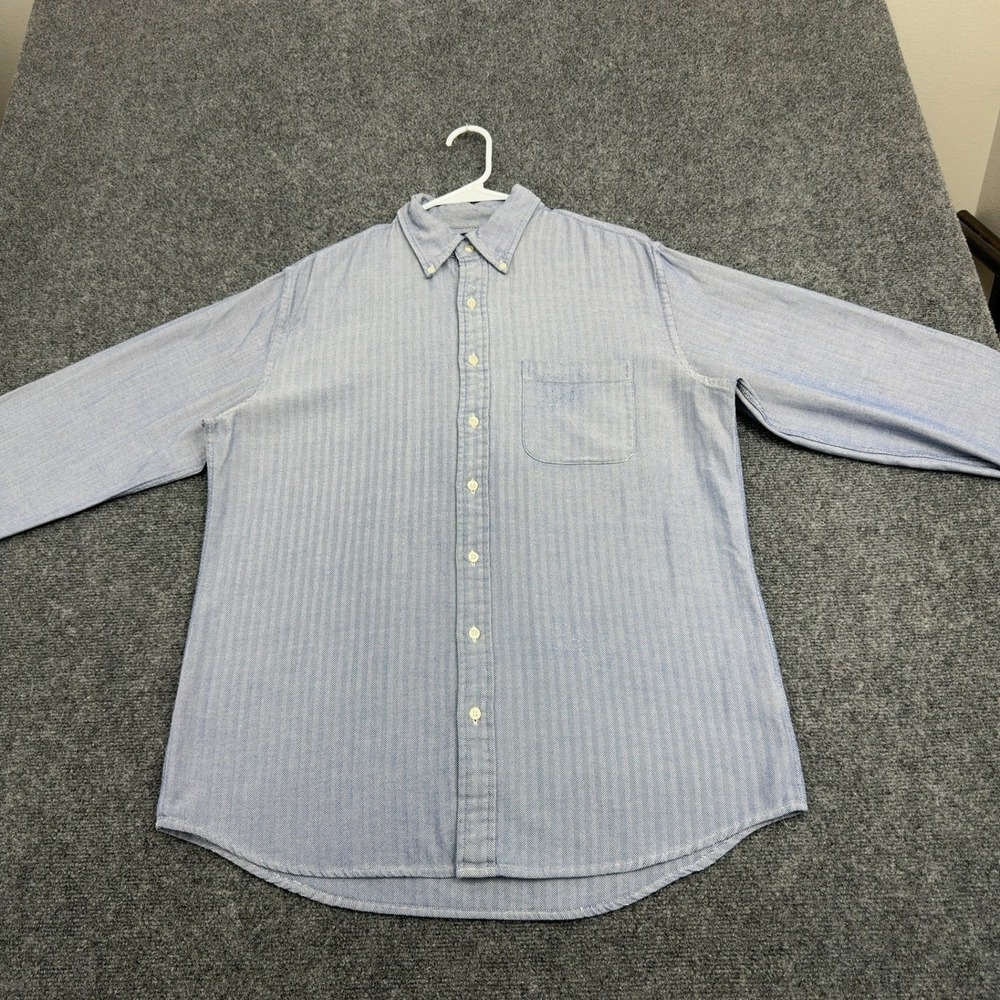 Lands End Button Down Shirt Mens M Blue Cotton Herringbone Long Sleeve Classic